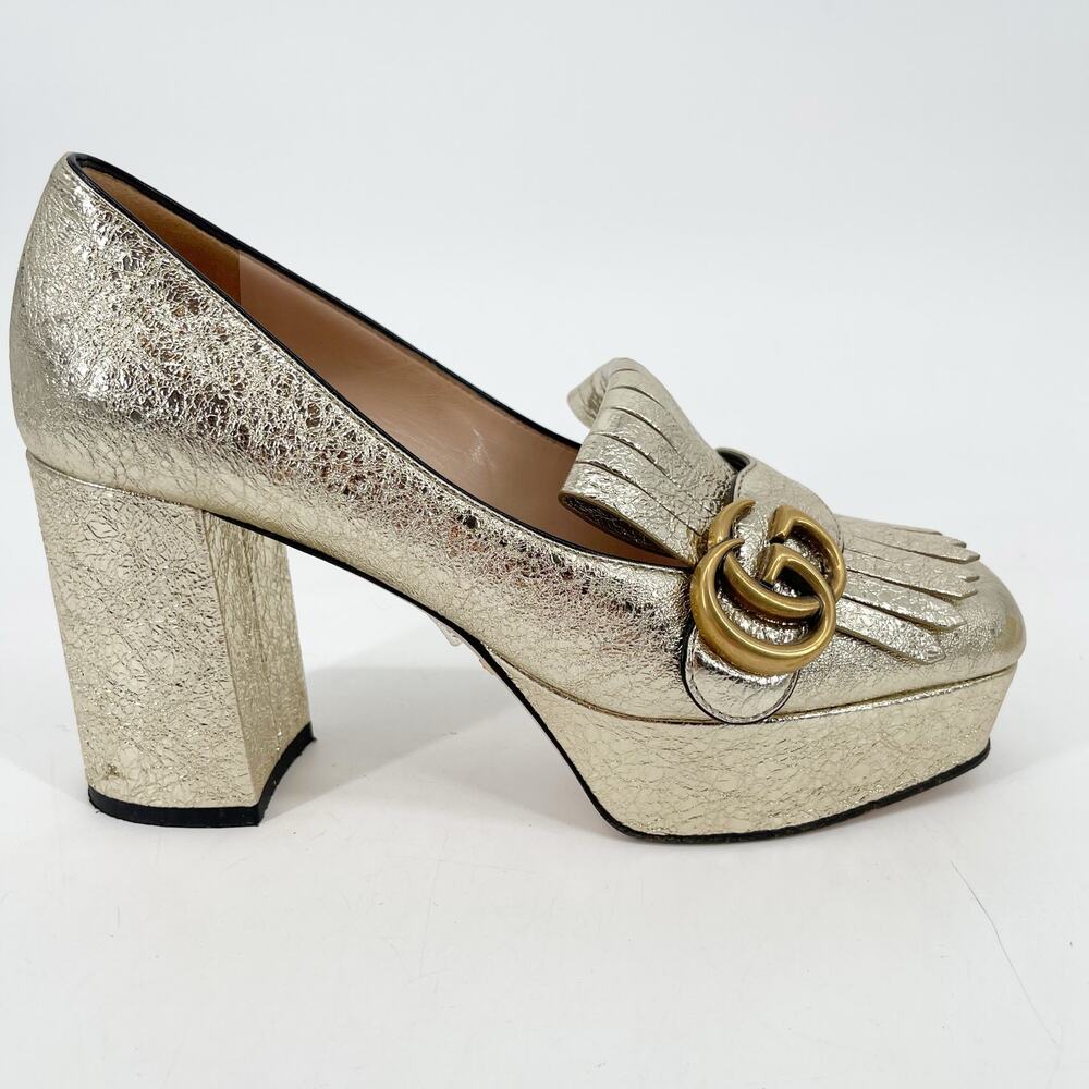 Gucci Gold Metallic Crackled Leather GG Marmont Fringe Platform Heels EU 36 - Picture 4 of 16